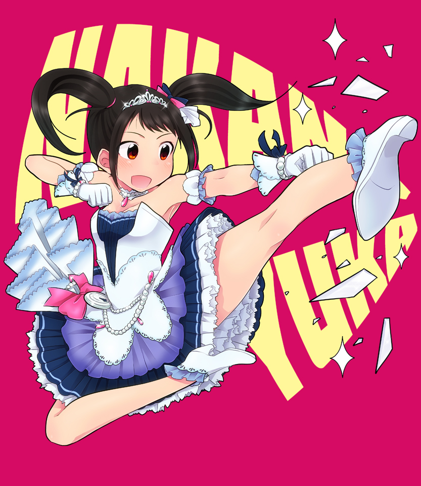 1girl, :d, bead_bracelet, beads, black_hair, brown_eyes, character_name, dress