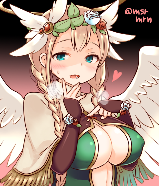 1girl, angel_wings, archangel_(p&amp;d), blonde_hair, blush, breasts, capelet, cleavage, covered_nipples, cropped_jacket, elbow_gloves, fingerless_gloves, fringe, gloves, green_eyes, hair_ornament, head_wreath, heavy_breathing, leaf_hair_ornament, marshmallow_mille, puzzle_&amp;_dragons, solo, sweatdrop, twitter_username, wings