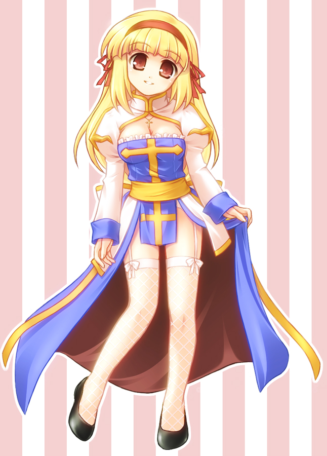 archbishop_(ro), bad_id, blonde_hair, breasts, cleavage, fishnets, garter_belt, mini_koala