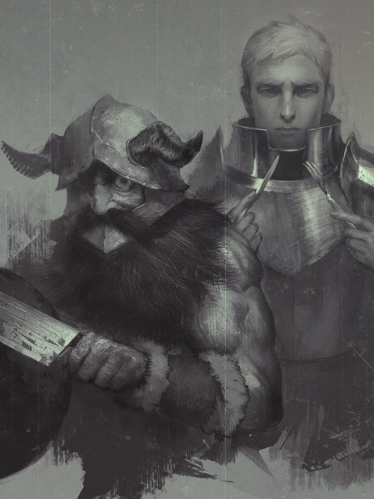2boys, armor, dungeon_meshi, facial_hair, fantasy, fork, helmet, horned_helmet
