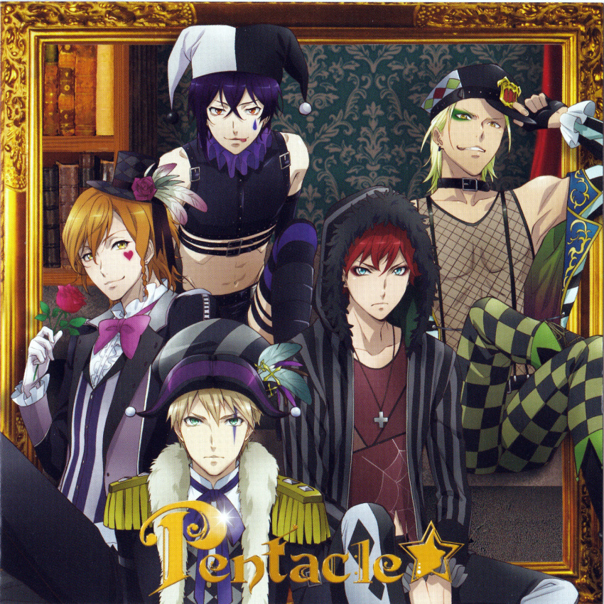 5boys, belt, beret, black_hair, blonde_hair, boots, bowtie, boys