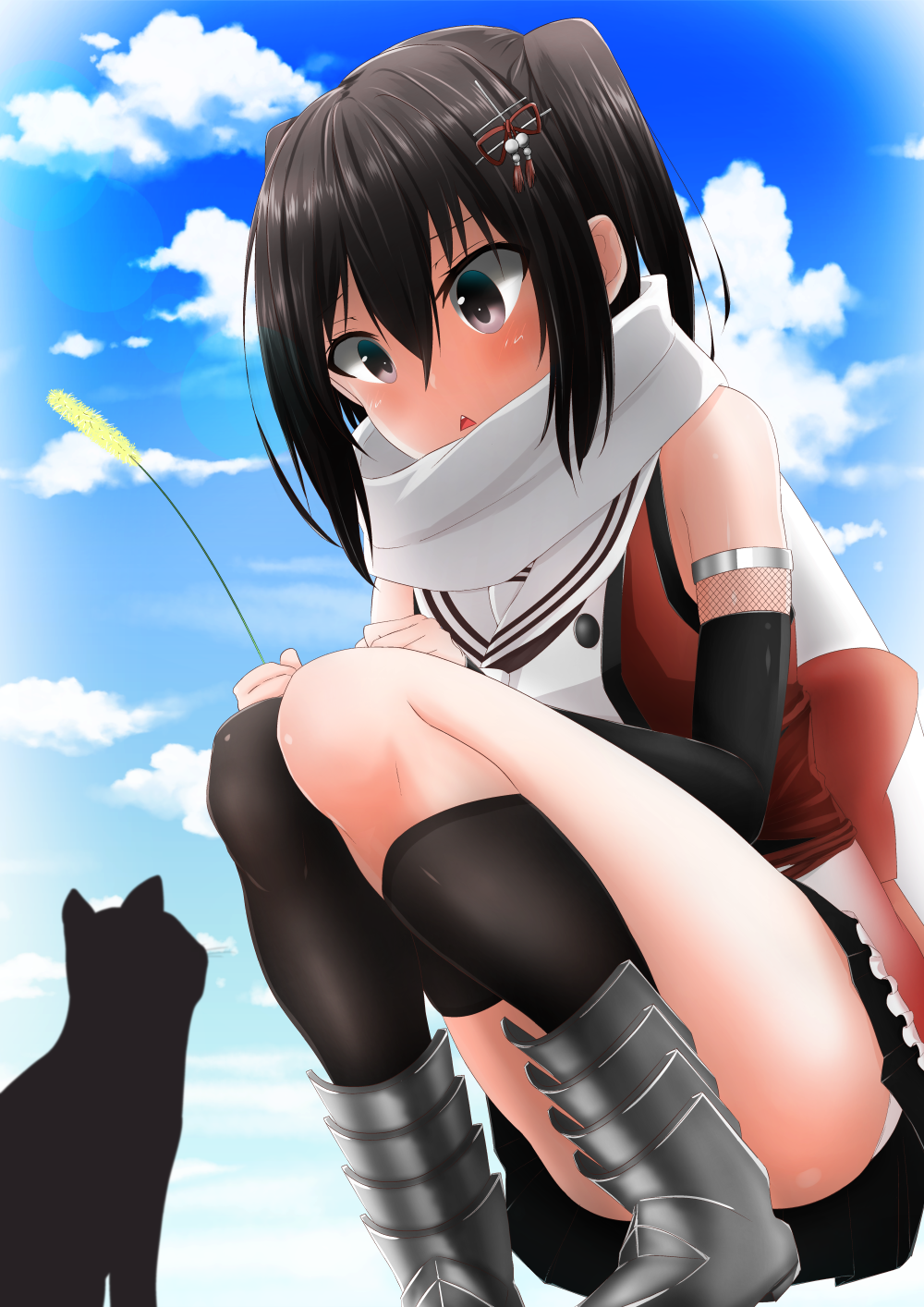 1girl, black_eyes, black_hair, blue_sky, cat, commentary_request, hair_ornament, highres