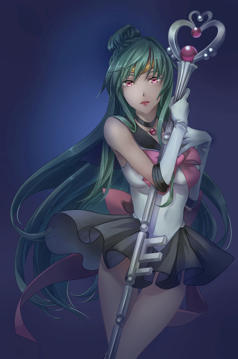 1girl, bishoujo_senshi_sailor_moon, chocofox, choker, circlet, elbow_gloves, gloves, green_hair