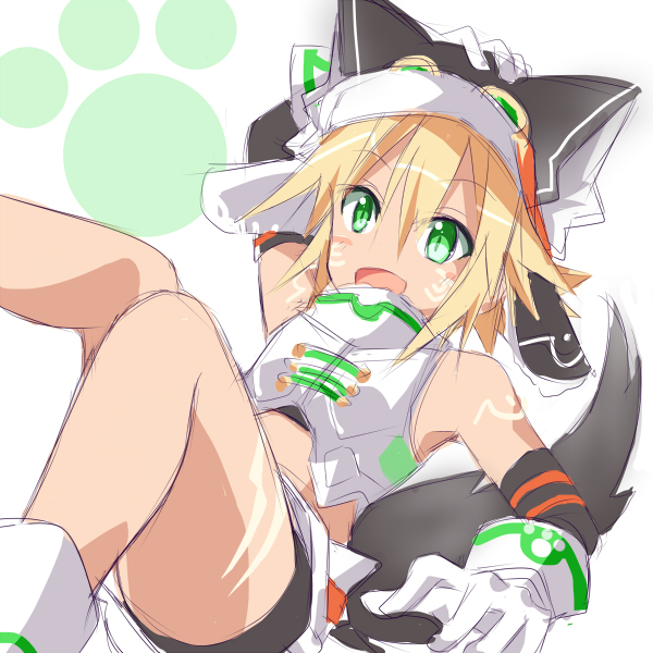 1girl, blonde_hair, cc_(choujigen_game_neptune), crop_top, gloves, goggles, green_eyes, hat