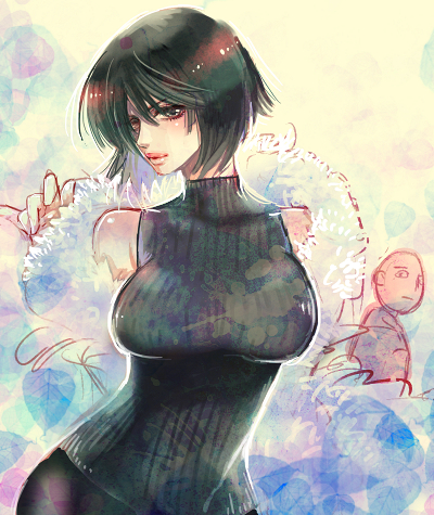 1boy, 1girl, black_eyes, black_hair, catmesi, contrapposto, fubuki_(onepunch_man), fur_coat