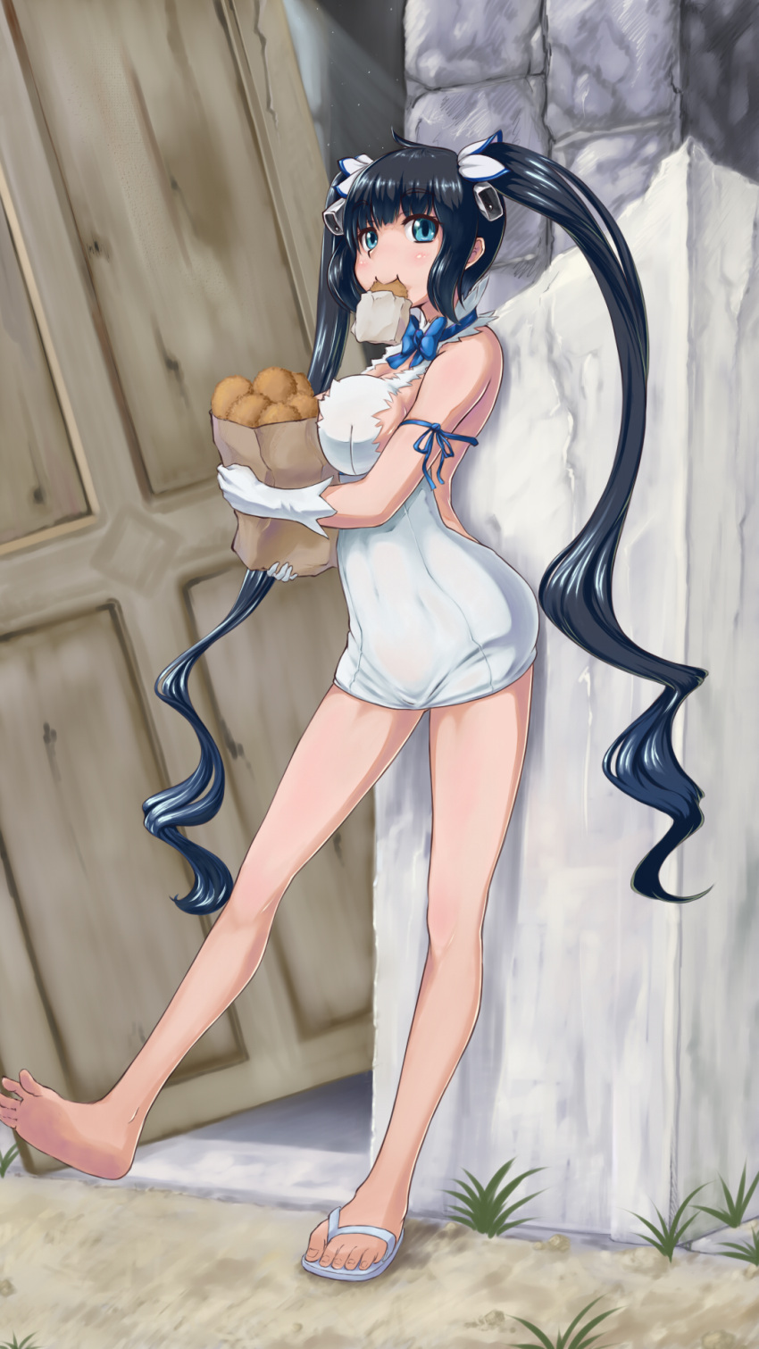 1girl, barefoot, black_hair, blue_eyes, blush, breast_press, breasts, croquette