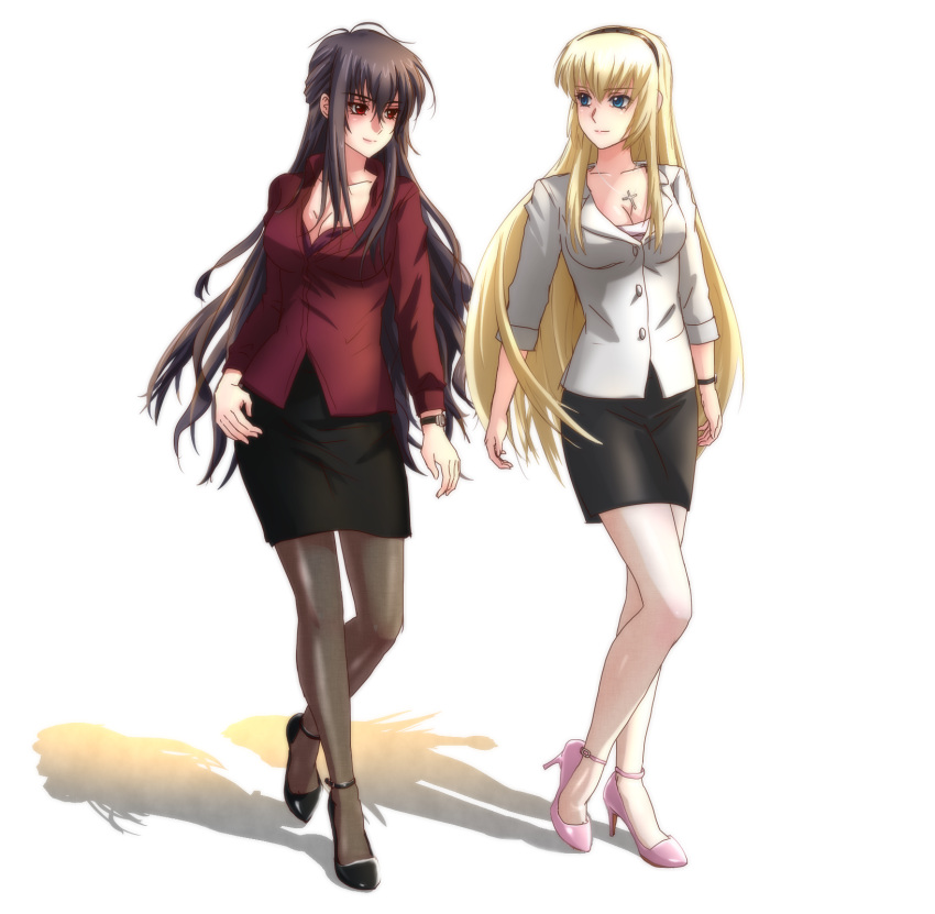 2girls, beatrix_bremer, black_hair, blonde_hair, blue_eyes, breasts, cleavage, cross