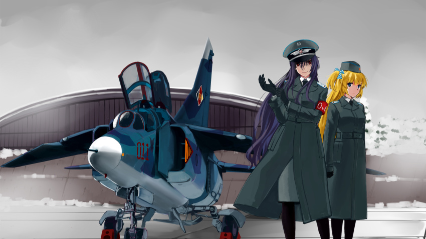 1girl, 2girls, adjusting_clothes, adjusting_gloves, airplane, beatrix_bremer, black_gloves, black_legwear, blonde_hair, blue_eyes, bow, coat, gloves, hair_bow, hat, highres, jet, liz_hohenstein, long_hair, looking_at_viewer, military, military_uniform, mizuki_ame, multiple_girls, muvluv, pantyhose, purple_hair, red_eyes, schwarzesmarken, standing, two_side_up, uniform