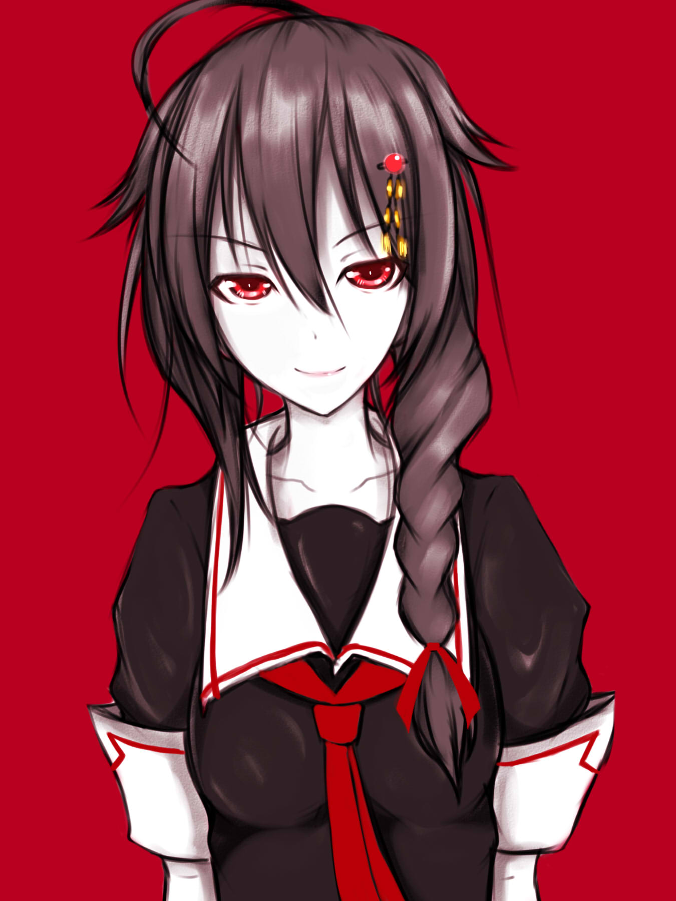 1girl, ahoge, black_hair, braid, collarbone, commentary_request, hair_ornament, highres
