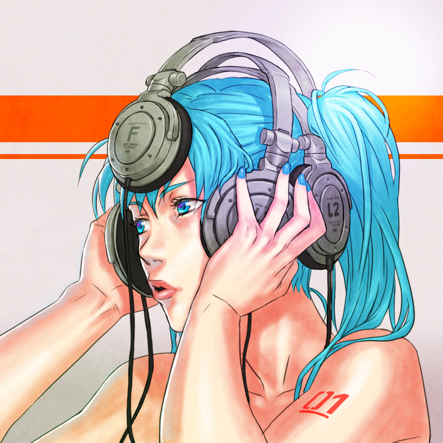 1girl, bare_shoulders, blue_eyes, blue_hair, hands_on_headphones, hatsune_miku, headphones, long_hair