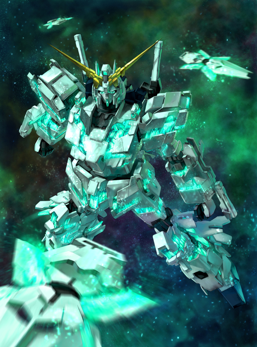 absurdres, daue, gundam, gundam_unicorn, highres, light_particles, mecha, motion_blur