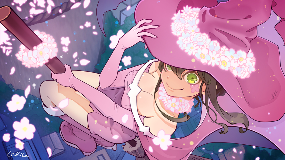 1girl, boots, breasts, broom, broom_riding, brown_hair, cleavage, elbow_gloves