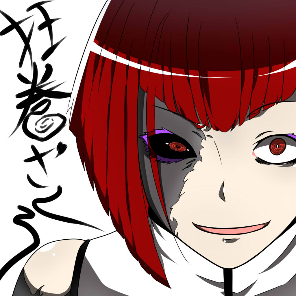 1girl, bassan7, character_name, corruption, evil_smile, face, kurumaki_zakuro, looking_at_viewer
