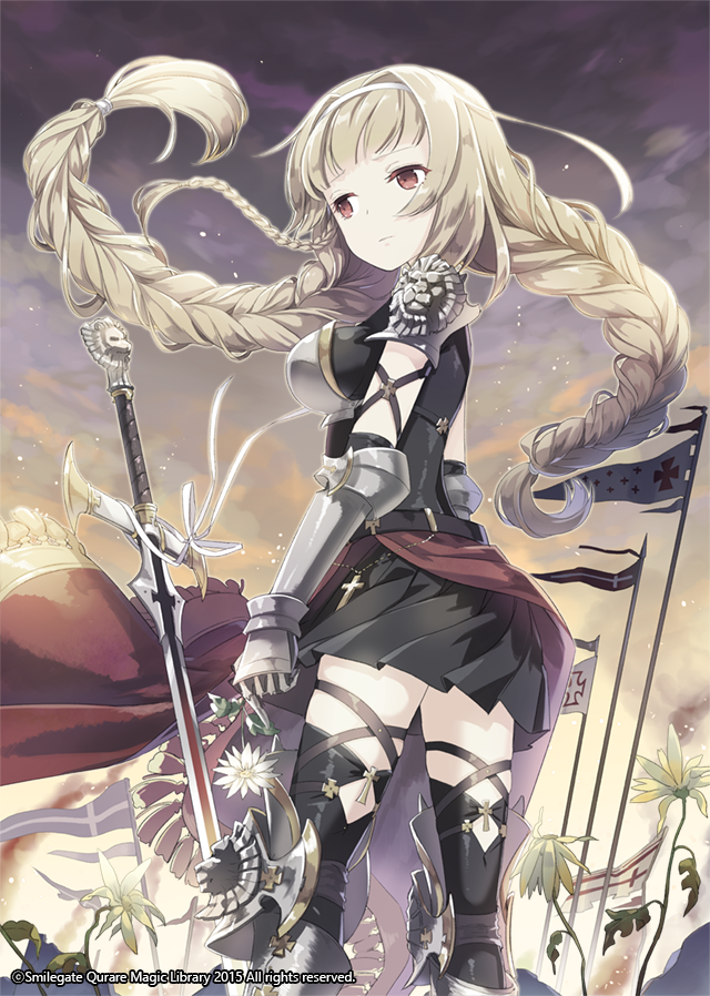 1girl, bangs, black_skirt, blonde_hair, blunt_bangs, bodysuit, boots, breastplate, clouds, cloudy_sky, copyright_name, cross, daisy, expressionless, flag, flower, gaunlets, h2so4, hairband, holding, holding_flower, long_hair, long_skirt, looking_to_the_side, outdoors, qurare_magic_library, red_eyes, red_skirt, shoulder_pads, skin_tight, skirt, sky, solo, standing, sword, thigh-highs, thigh_boots, twintails, very_long_hair, weapon, withered, zettai_ryouiki