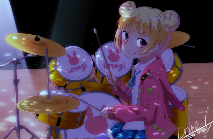 1girl, :p, blonde_hair, double_bun, drumsticks, girlfriend_(kari), inazumairebunndaisuki, looking_at_viewer
