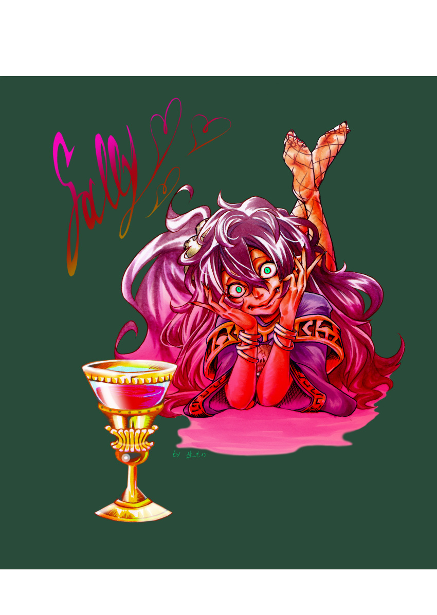 1girl, absurdres, black_hair, black_nails, borrowed_character, bracelet, constricted_pupils, cup, demon_girl, fangs, fishnet_pantyhose, fishnets, green_eyes, highres, jewelry, kugasari-san, long_hair, messy_hair, nail_polish, original, pantyhose, smile, very_long_hair