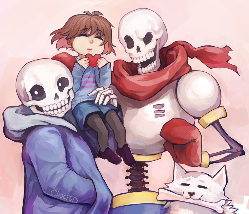 2boys, androgynous, armor, artist_name, bone, brown_hair, closed_eyes, dog, frisk_(undertale), gloves, hand_in_pocket, heart, hoodie, multiple_boys, papyrus_(undertale), sans_(undertale), scarf, shorts, sitting_on_arm, skeleton, striped, striped_sweater, sweater, undertale, yowamushi-chan_(choctopi)