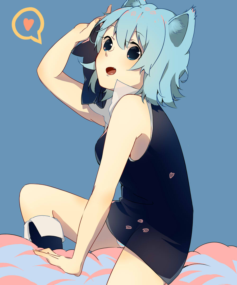 1girl, animal_ears, blue_eyes, blue_hair, cat_ears, fang, from_side, fullc8