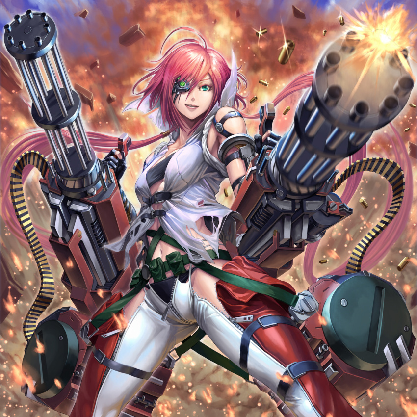 1girl, bandeau, black_panties, explosion, fire, firing, gatling_gun, green_eyes