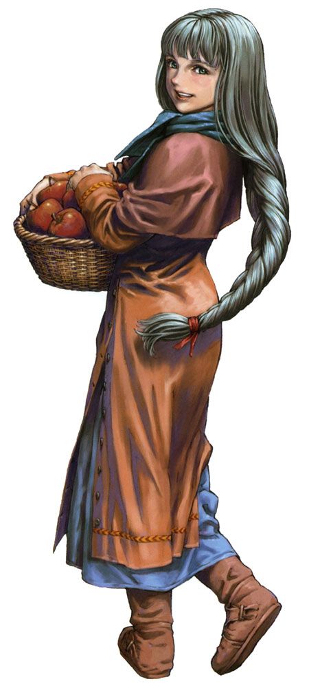 1girl, apple, basket, food, fruit, full_body, official_art, platina