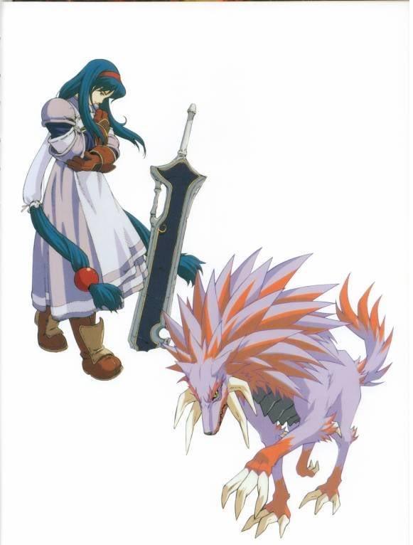 1girl, anastasia_valeria, luceid_(wild_arms), monster, official_art, tagme, wild_arms, wild_arms_2