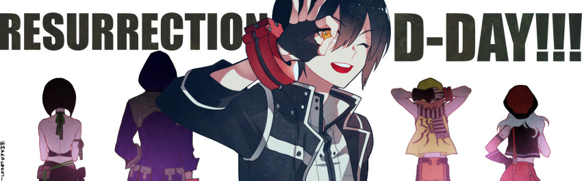 alisa_ilinichina_amiella, arms_behind_head, black_gloves, black_hair, black_legwear, fingerless_gloves, fujiki_kouta, gloves