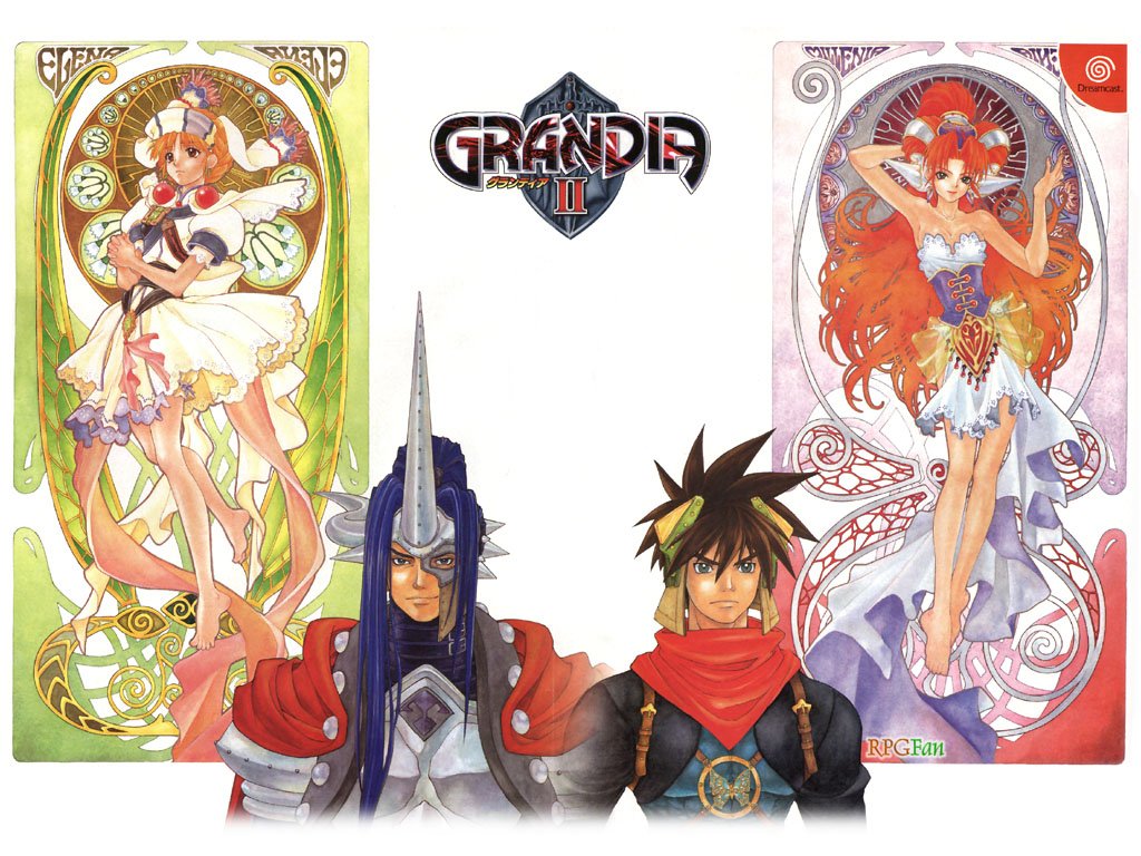2boys, 2girls, artist_request, grandia, grandia_ii, horn, melfice_(grandia), multiple_boys
