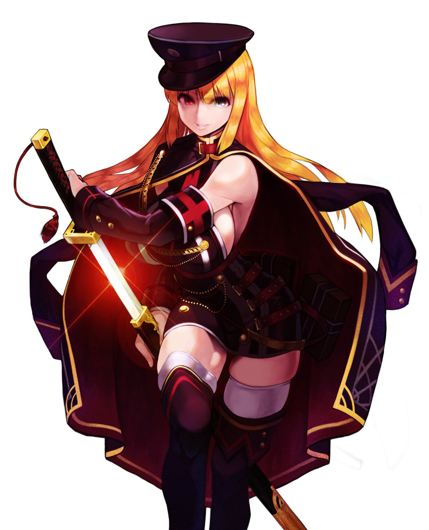 1girl, blonde_hair, blue_eyes, breasts, coat, detached_sleeves, doku-chan_(dokkudokudoku), hat