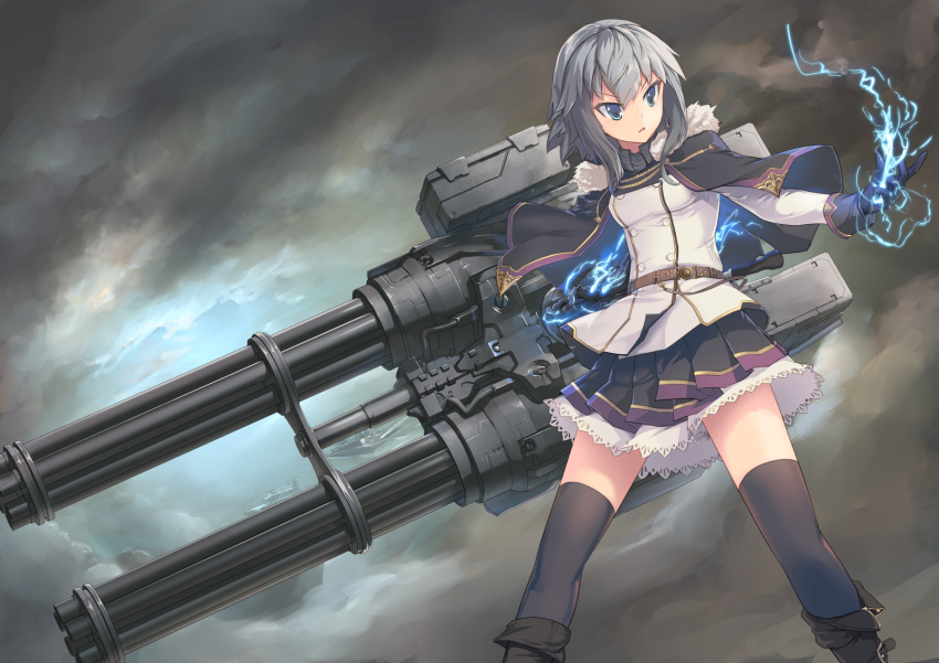 1girl, black_legwear, black_skirt, blue_eyes, boots, capelet, gatling_gun, grey_hair, gun, highres, huge_weapon, jacket, lightning, magic, multiple_barrel_gun, murano_(ursa_polaris), original, petticoat, pleated_skirt, rotary_cannon, short_hair, skirt, standing, storm_cloud, thigh-highs, weapon, zettai_ryouiki