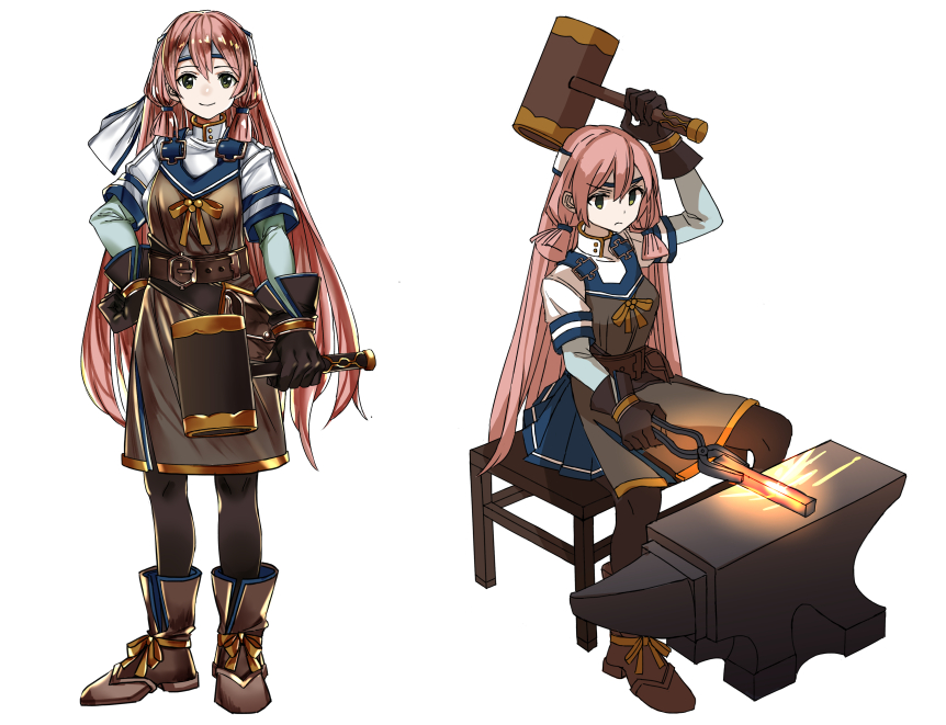1girl, adapted_costume, akashi_(kantai_collection), anvil, apron, arm_up, bandana, belt, blacksmith, blue_skirt, boots, breasts, brown_boots, brown_gloves, brown_legwear, chair, commentary_request, frown, full_body, gloves, green_eyes, hair_ornament, hammer, incandescence, kantai_collection, long_hair, long_sleeves, looking_at_viewer, metal, pantyhose, pink_hair, ribbon, ruisento, school_uniform, serafuku, short_sleeves, simple_background, sitting, skirt, smile, solo, spread_legs, standing, tongs, tools, twintails, very_long_hair, white_background