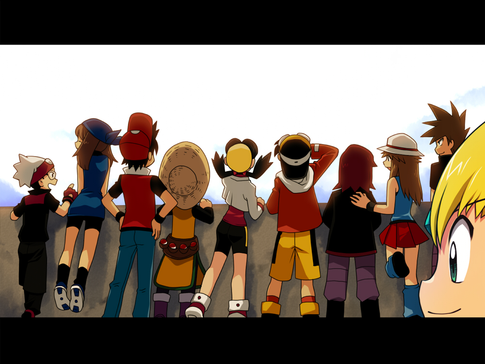 5boys, 5girls, bandana, bare_shoulders, baseball_cap, bike_shorts, black_hair, blonde_hair, blue_(pokemon), boots, brown_hair, cap, closed_eyes, clouds, crystal_(pokemon), emerald_(pokemon), everyone, from_behind, glasses, glow, goggles, gold_(pokemon), green_eyes, group, hands_on_hips, hat, jacket, jeans, leg_warmers, letterboxed, long_hair, matunoha, miyu_(matsunohara), multiple_boys, multiple_girls, nintendo, odamaki_sapphire, ookido_green, open_mouth, poke_ball, pokemon, pokemon_special, popped_collar, porkpie_hat, red_(pokemon), red_hair, redhead, ruby_(pokemon), shoes, short_hair, shorts, silver_(pokemon), skirt, sky, smile, socks, spiked_hair, straw_hat, twintails, waist_poke_ball, wristband, yellow_(pokemon), yuuki_(pokemon)