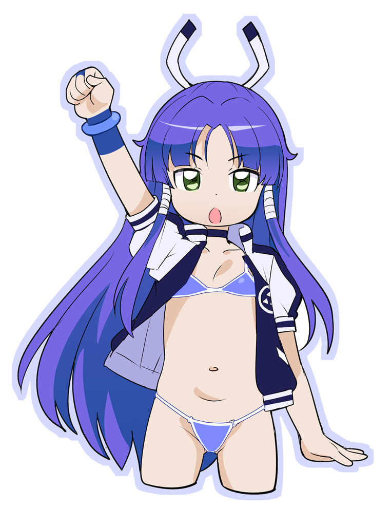 1girl, bangs, battle_spirits:_burning_soul, bikini, bikini_top, cowboy_shot, cropped_legs, green_eyes