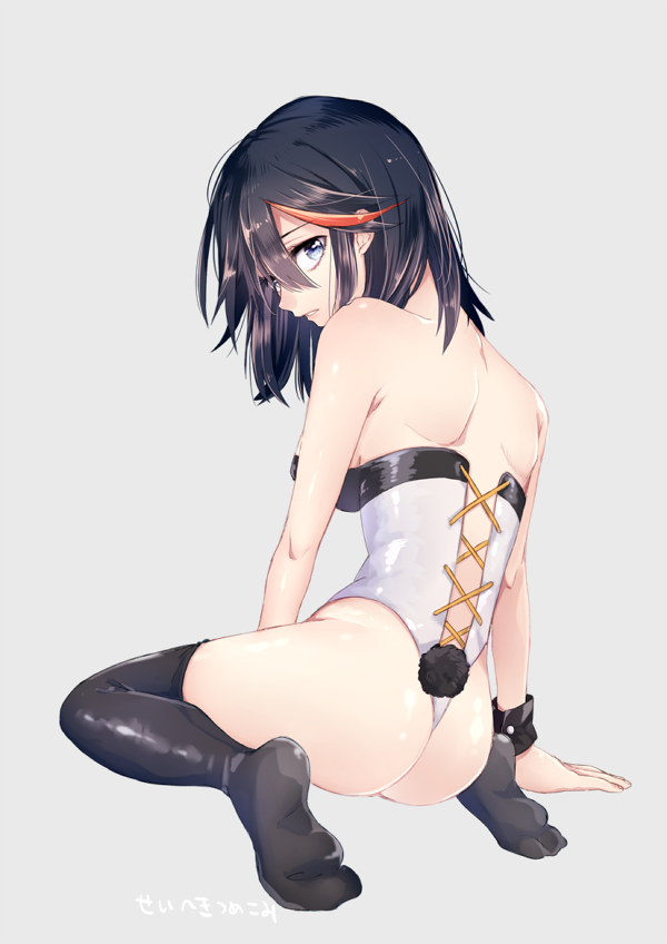 1girl, arm, arm_support, ass, back, bare_arms, bare_back, black_hair