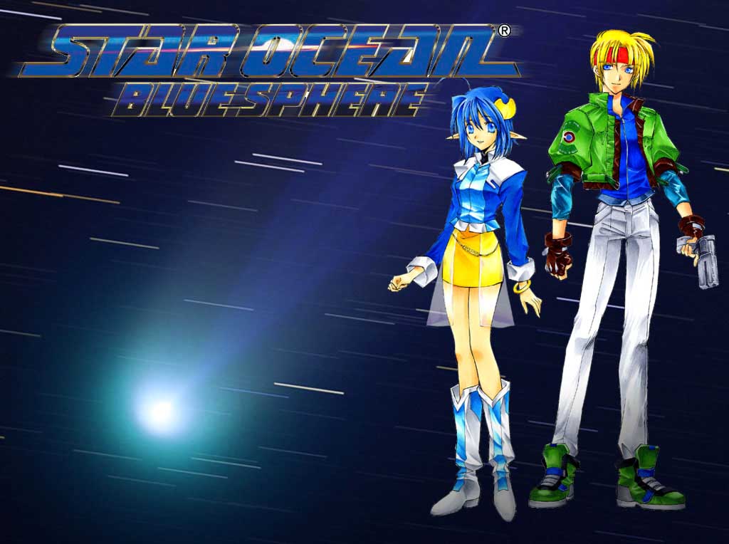 1boy, 1girl, artist_request, blonde_hair, claude_kenni, copyright_name, official_art, rena_lanford, star_ocean_blue_sphere