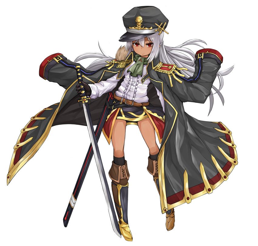 1girl, absurdres, belt, boots, coat, dark_skin, elusya, frills
