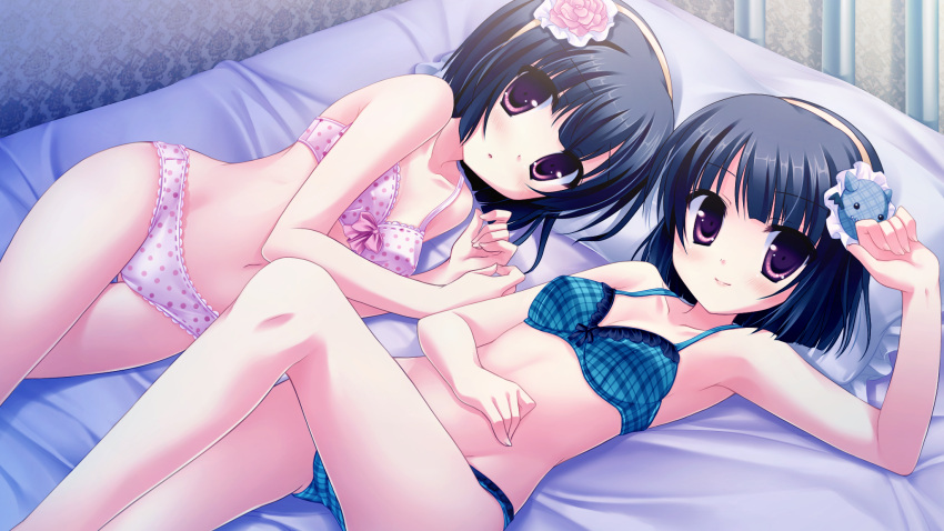 2girls, armpits, black_hair, blue_bra, blue_panties, bra, brown_eyes, flower