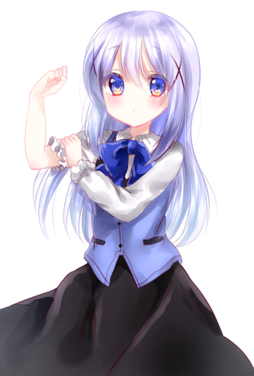 1girl, :o, black_skirt, blue_eyes, blue_hair, blue_vest, blush, bow, buttons, collared_shirt, cowboy_shot, gochuumon_wa_usagi_desu_ka?, haiclip, heterochromia, highres, kafuu_chino, long_hair, long_skirt, long_sleeves, looking_at_viewer, orange_eyes, pose, shanghai_bisu, shirt, skirt, sleeves_rolled_up, solo, white_shirt