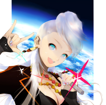 \m/, beads, blue_eyes, breasts, chou_shittou_caduceus, cleavage, earth, fingernails