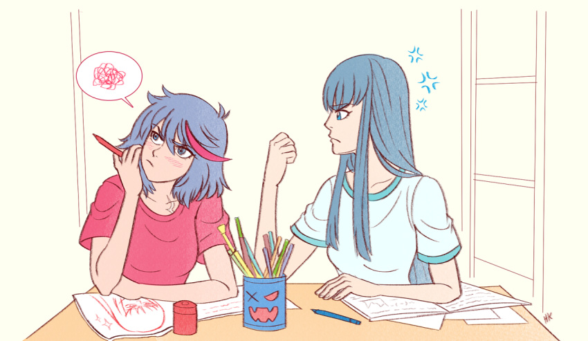 anger_vein, art_supplies, blue_eyes, blush, can, drawing, herokick, kill_la_kill, kiryuuin_satsuki, matoi_ryuuko, multicolored_hair, paper, pencil, raised_fist, scar, senketsu, streaked_hair, thinking