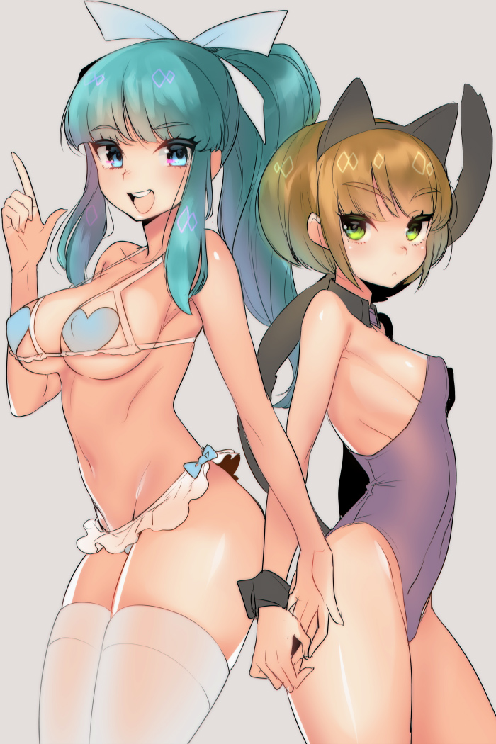 2girls, :d, animal_ears, bare_shoulders, bikini, blue_eyes, blush, breasts, brown_hair, cat_ears, cat_tail, detached_collar, fake_animal_ears, golden_sun, green_eyes, green_hair, hair_ribbon, large_breasts, long_hair, looking_at_viewer, mary_(golden_sun), multiple_girls, naso4, navel, open_mouth, ponytail, ribbon, shiba_(golden_sun), short_hair, sketch, small_breasts, smile, swimsuit, tail, thigh-highs, white_legwear, wrist_cuffs