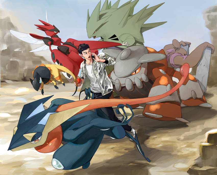 1boy, black_eyes, black_hair, black_pants, blue_eyes, conkeldurr, greninja, heatran