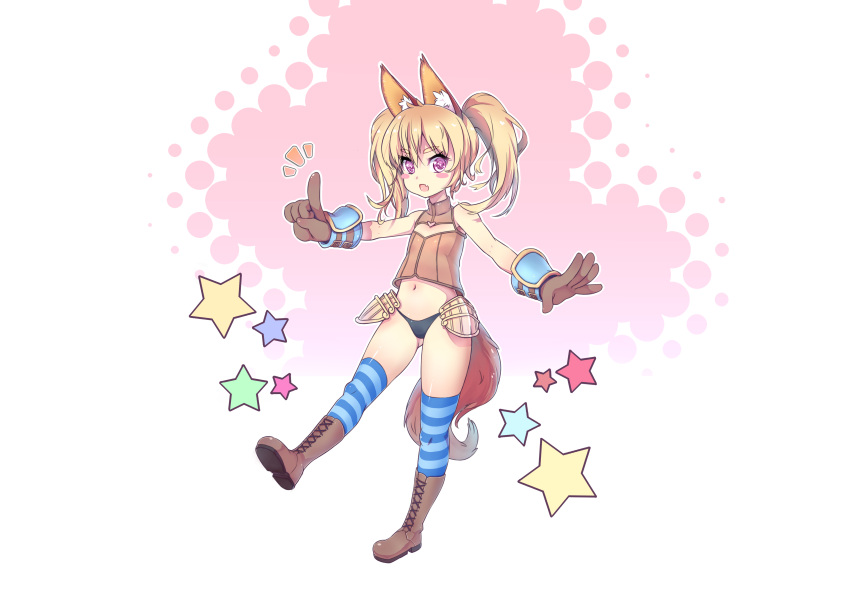 1girl, absurdres, animal_ears, blonde_hair, blush_stickers, bokushi, boots, dog_ears, elin_(tera), fang, gloves, highres, long_hair, navel, no_pants, open_mouth, outstretched_arms, panties, sleeveless, smile, solo, standing_on_one_leg, star, striped, striped_legwear, tail, tera_online, thigh-highs, twintails, underwear, vest, violet_eyes