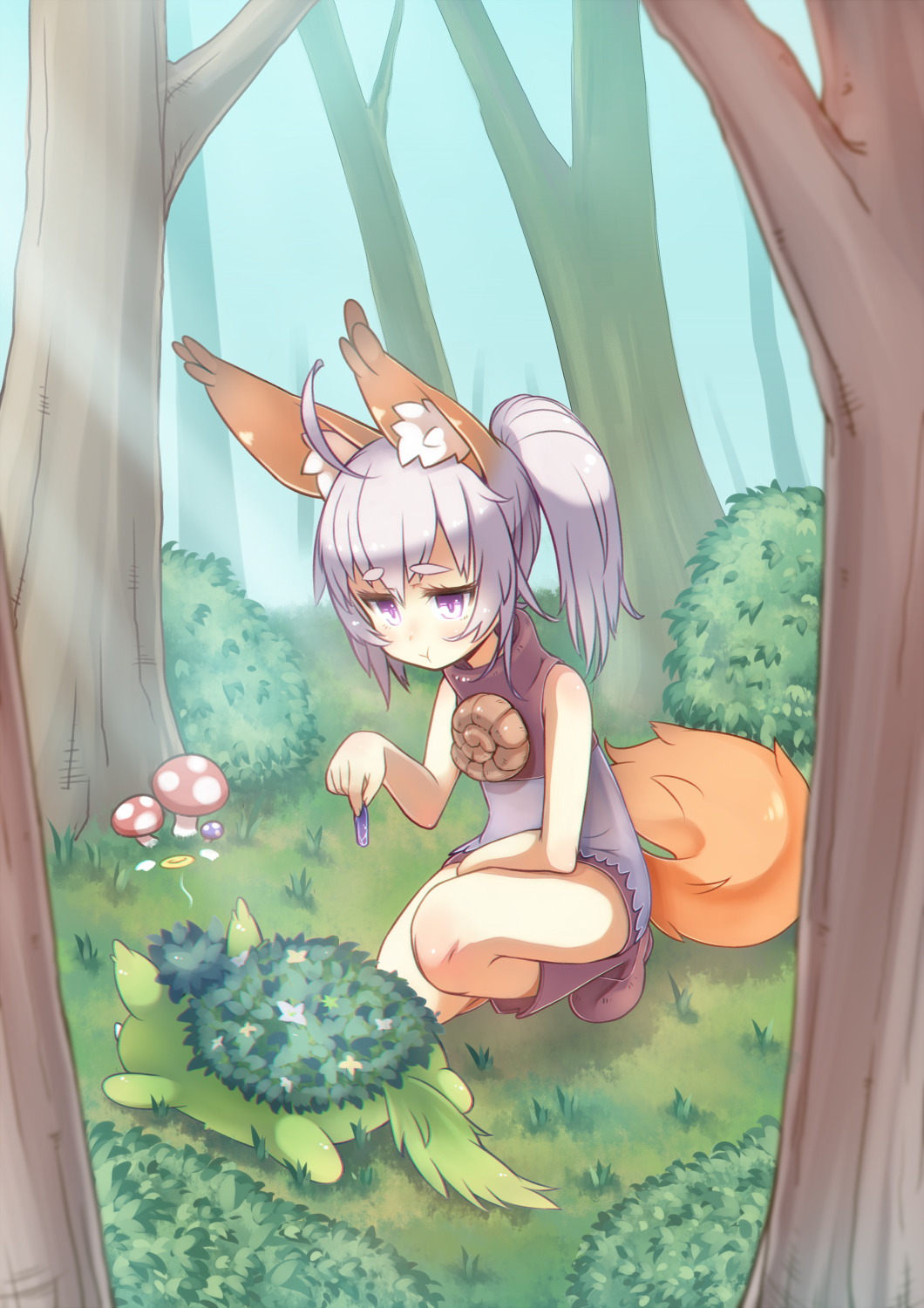 1girl, ahoge, animal_ears, bokushi, boots, bush, dog_ears, dress