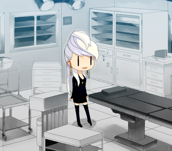 aralez, chibi, chou_shittou_caduceus, earrings, examination_table, hospital, mira_kimishima, thigh-highs