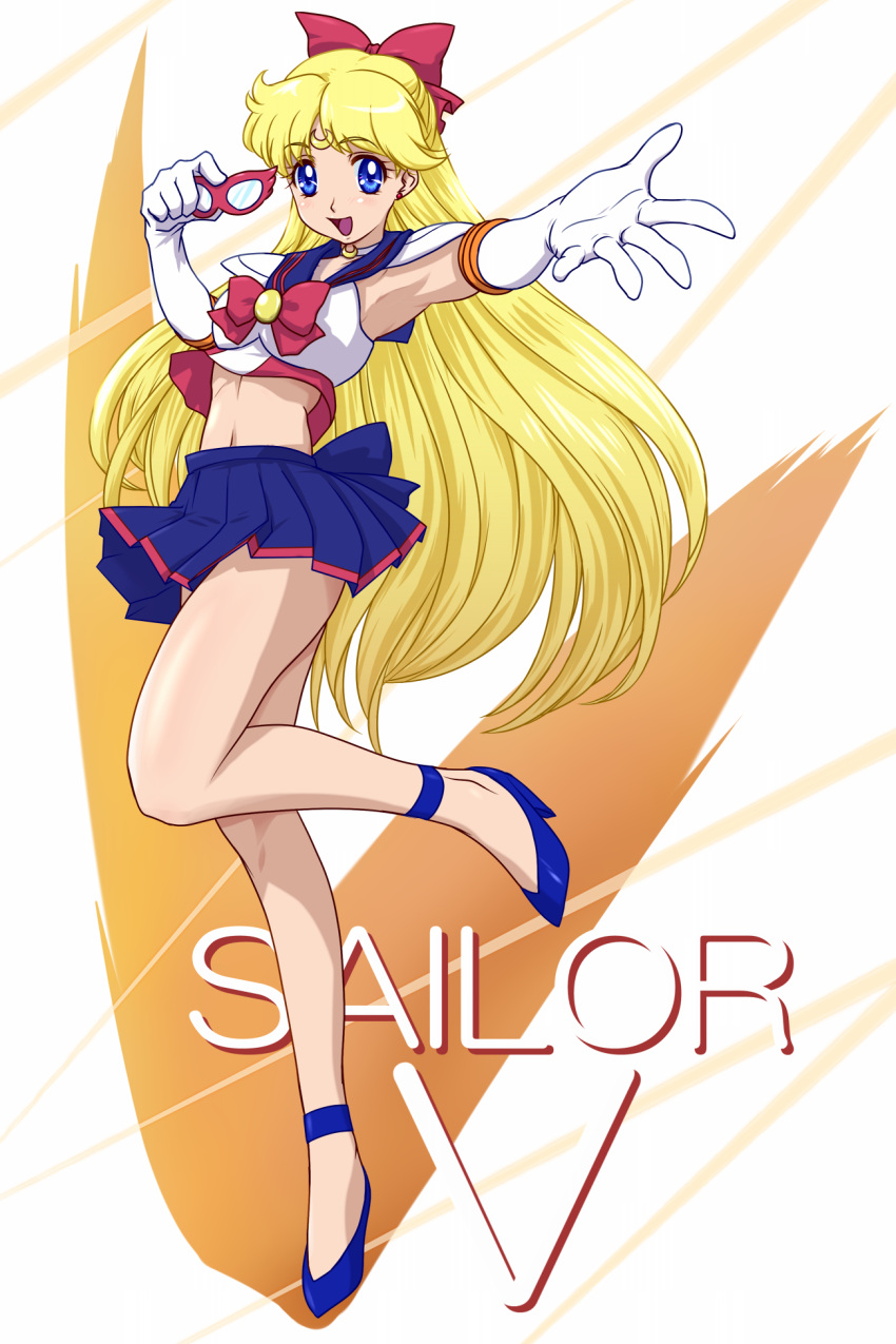 1girl, aino_minako, bishoujo_senshi_sailor_moon, blonde_hair, blue_eyes, blue_shoes, blue_skirt, bow, brooch, character_name, choker, crescent, crop_top, dengeki_gx, elbow_gloves, facial_mark, forehead_mark, full_body, gloves, hair_bow, half_updo, highres, jewelry, long_hair, magical_girl, mask, mask_removed, outstretched_hand, pleated_skirt, red_bow, sailor_collar, sailor_v, shoes, shoulder_pads, skirt, smile, solo, standing_on_one_leg, very_long_hair, white_gloves