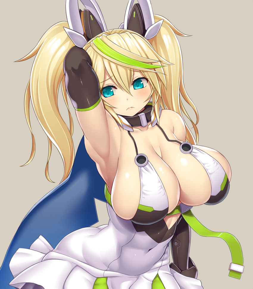 1girl, aqua_eyes, armpits, arms_up, asamura_hiori, bare_shoulders, blonde_hair, breasts