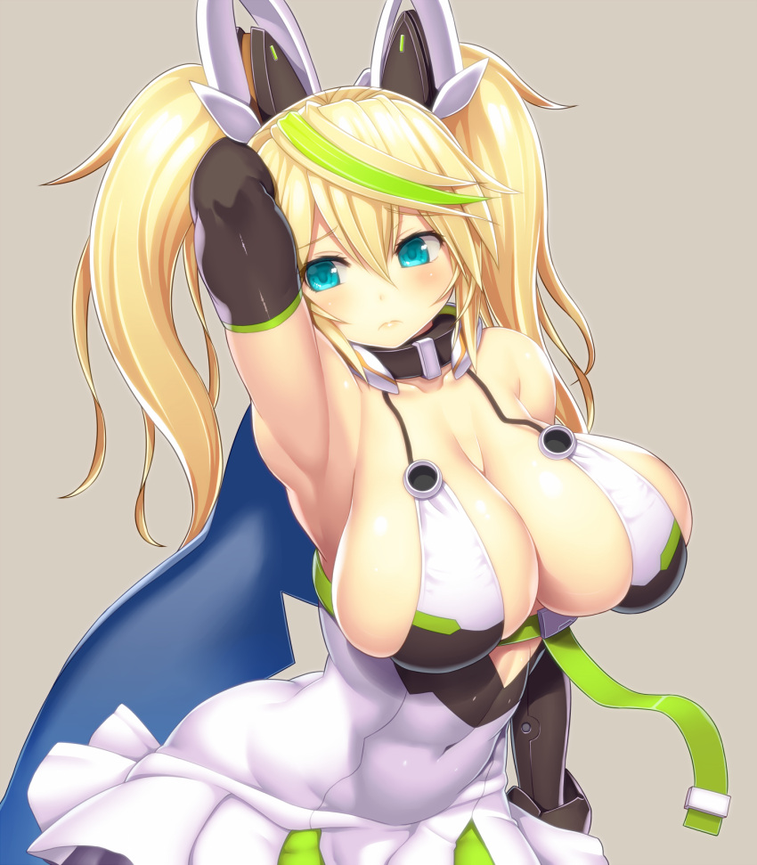 1girl, aqua_eyes, armpits, arms_up, asamura_hiori, bare_shoulders, blonde_hair, breasts