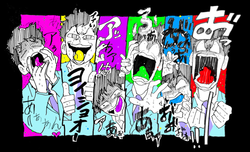 <o>_<o>, 6+boys, black_border, black_hair, blue_tongue, border, brothers, choromatsu, clenched_hands, drooling, formal, green_tongue, heart, ichimatsu, jyushimatsu, karamatsu, male_focus, matching_outfit, messy_hair, multiple_boys, osomatsu-kun, osomatsu-san, osomatsu_(osomatsu-kun), partially_colored, screaming, sextuplets, shaded_face, siblings, split_screen, suit, sweat, syoooheeei, tears, todomatsu, upper_body