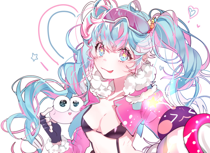 +_+, 1girl, :p, black_gloves, blue_eyes, blue_hair, breasts, cleavage