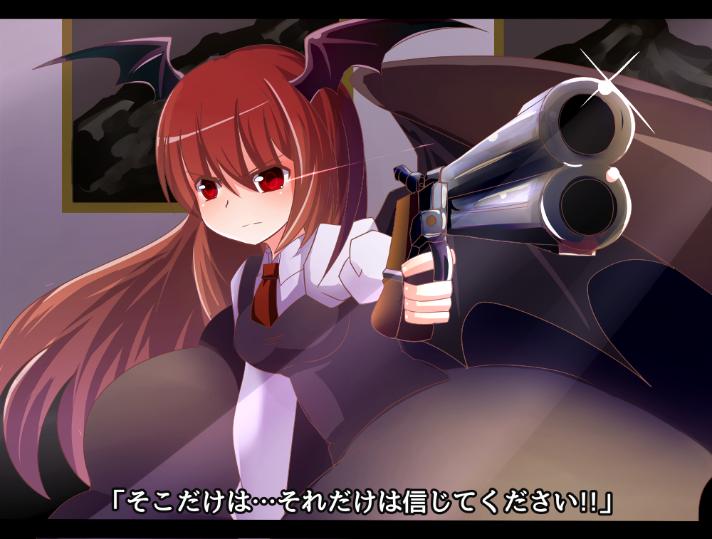1girl, bat_wings, breasts, buna_shimeji_(keymush), derringer, finger_on_trigger, frown, gun